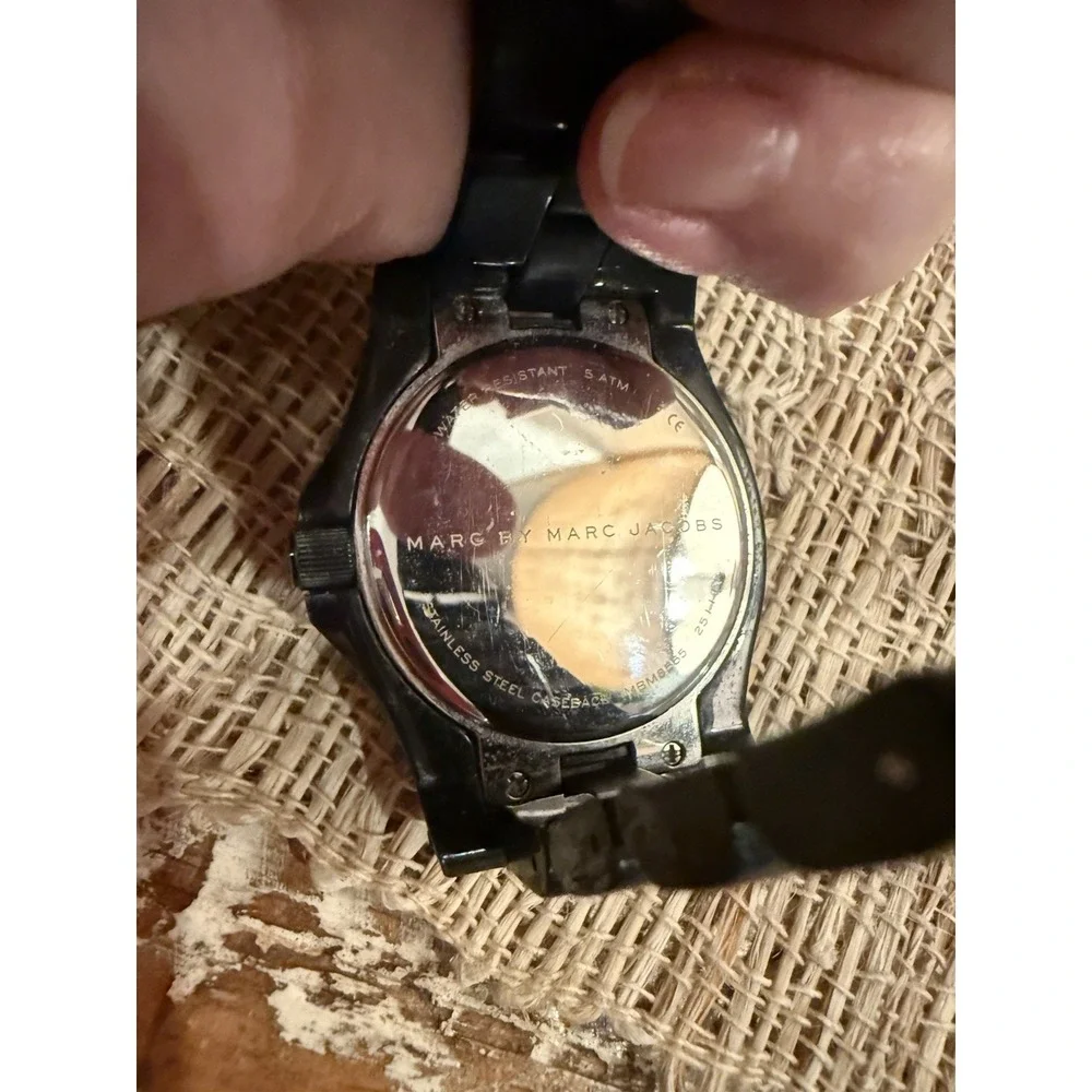 Marc Jacobs Black Acrylic‎ Swarovski Crystal Logo Rivera Watch MBM8565 Rare